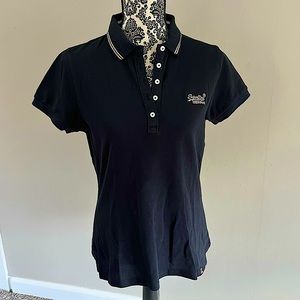 Superdry black polo shirt. With gold trim. Sz Uk10 US10 EU42 EUC